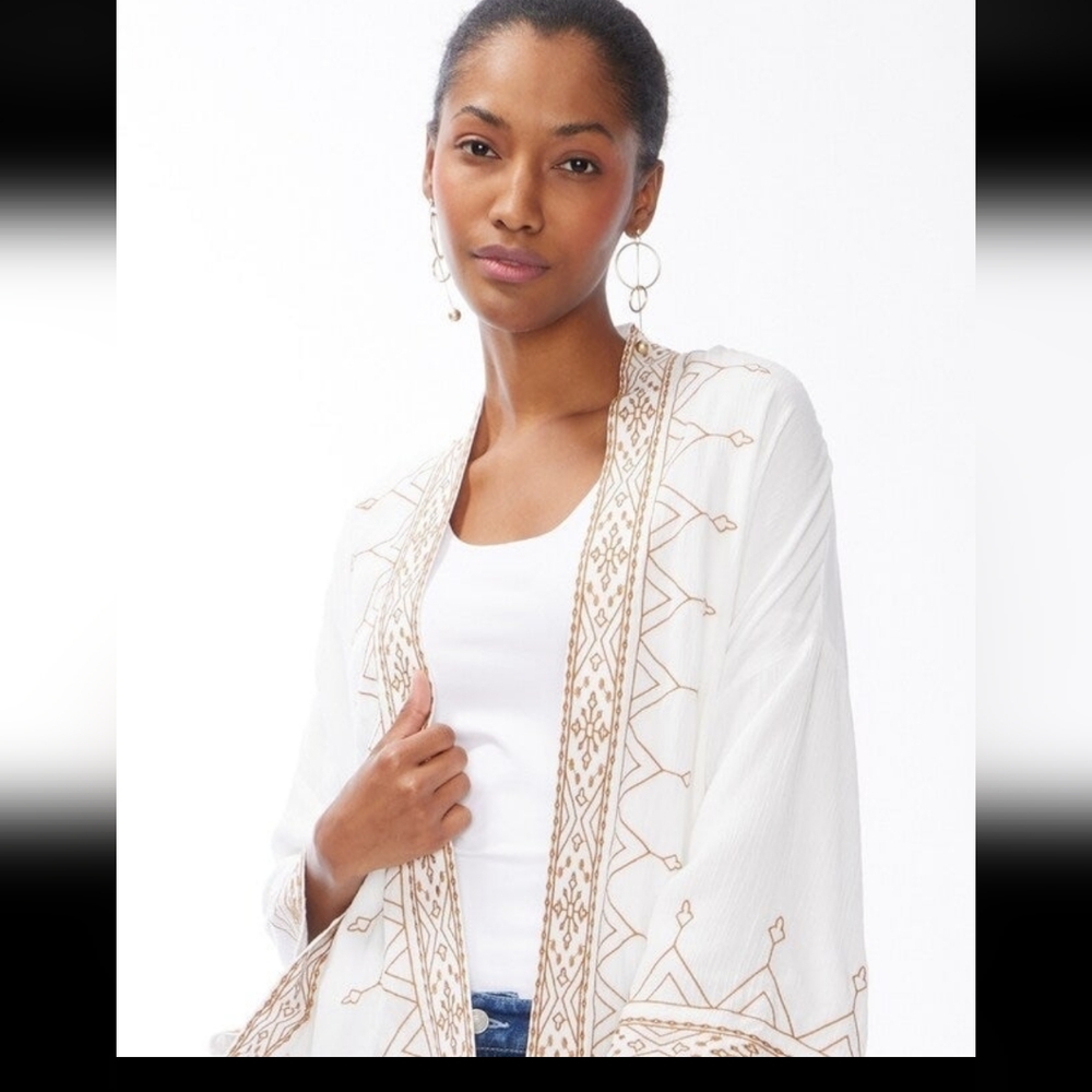 Chico's Elegant Cream Embroidered Kimono - Picture 2 of 10